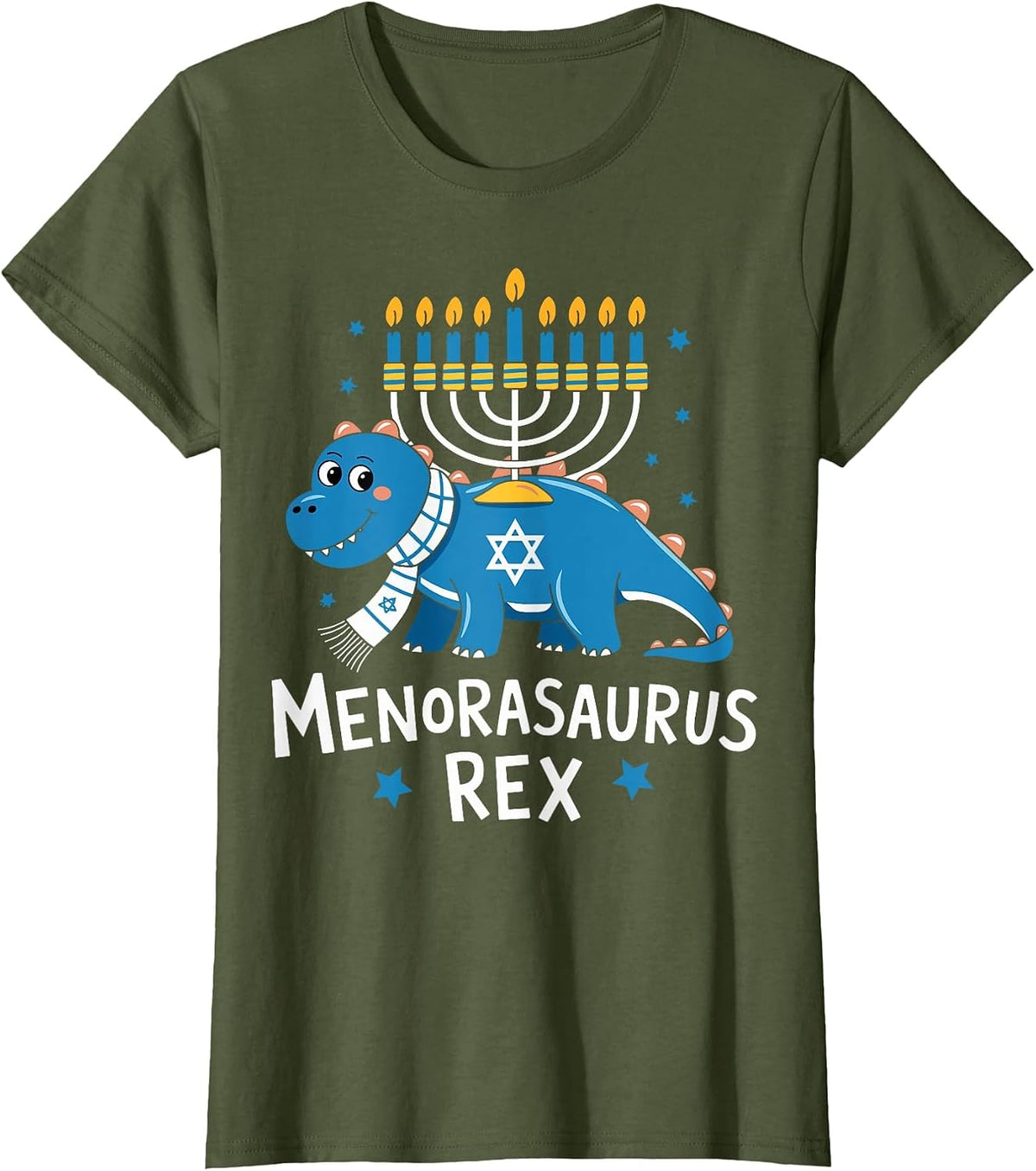 Hanukkah Dinosaur Lover Menorasaurus T Rex Dino Chanukah T-Shirt - Olive Green