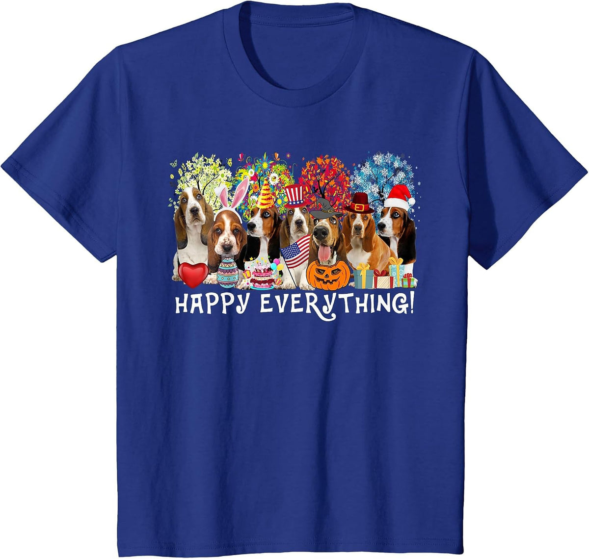 Happy Everything Bassett Hound Dog Seasons All Year Tree Lov T-Shirt - Royal Blue