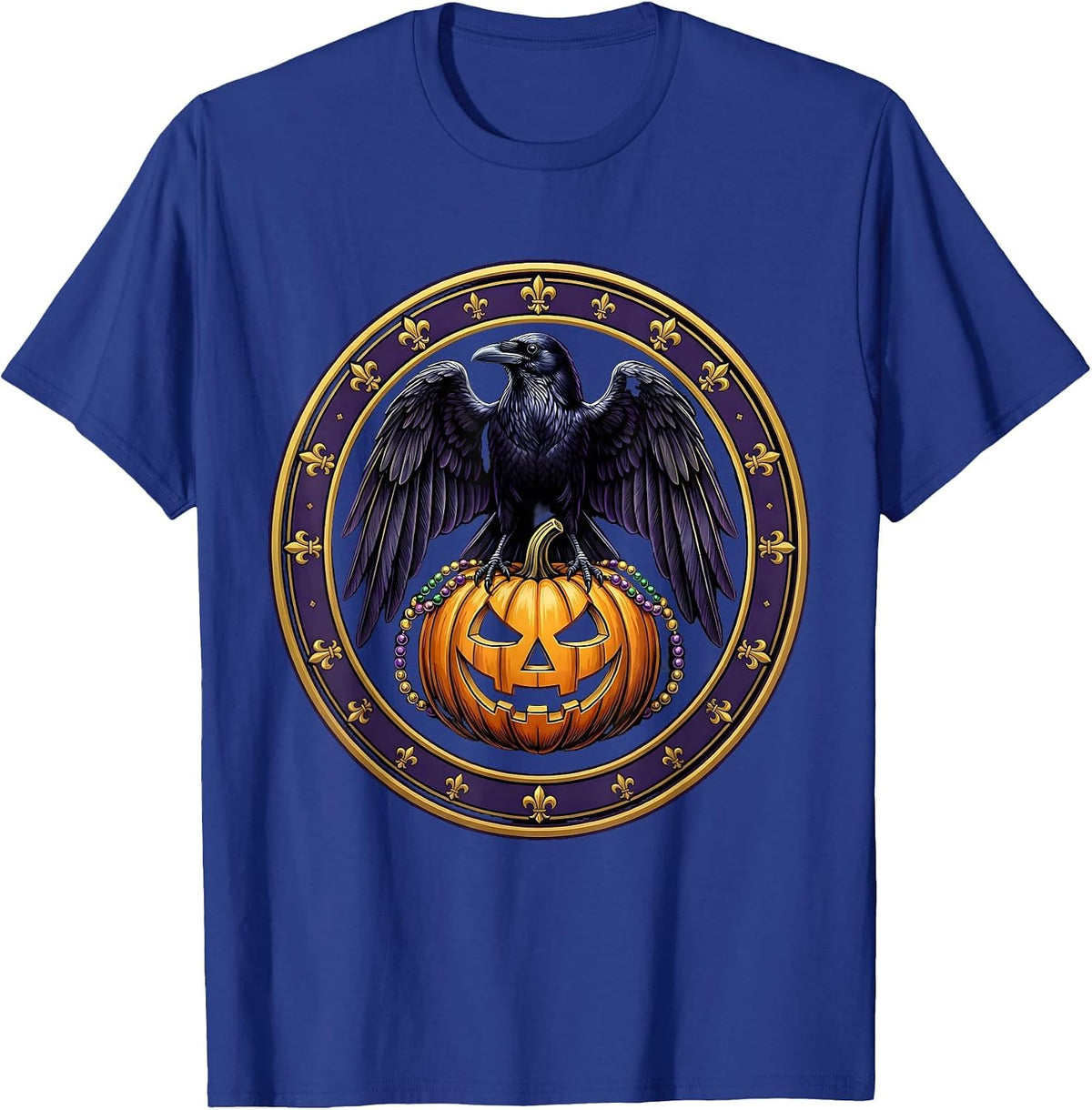 Men's Mardi Gras Crow on Glowing Jack-O-Lantern T-Shirt - Royal Blue