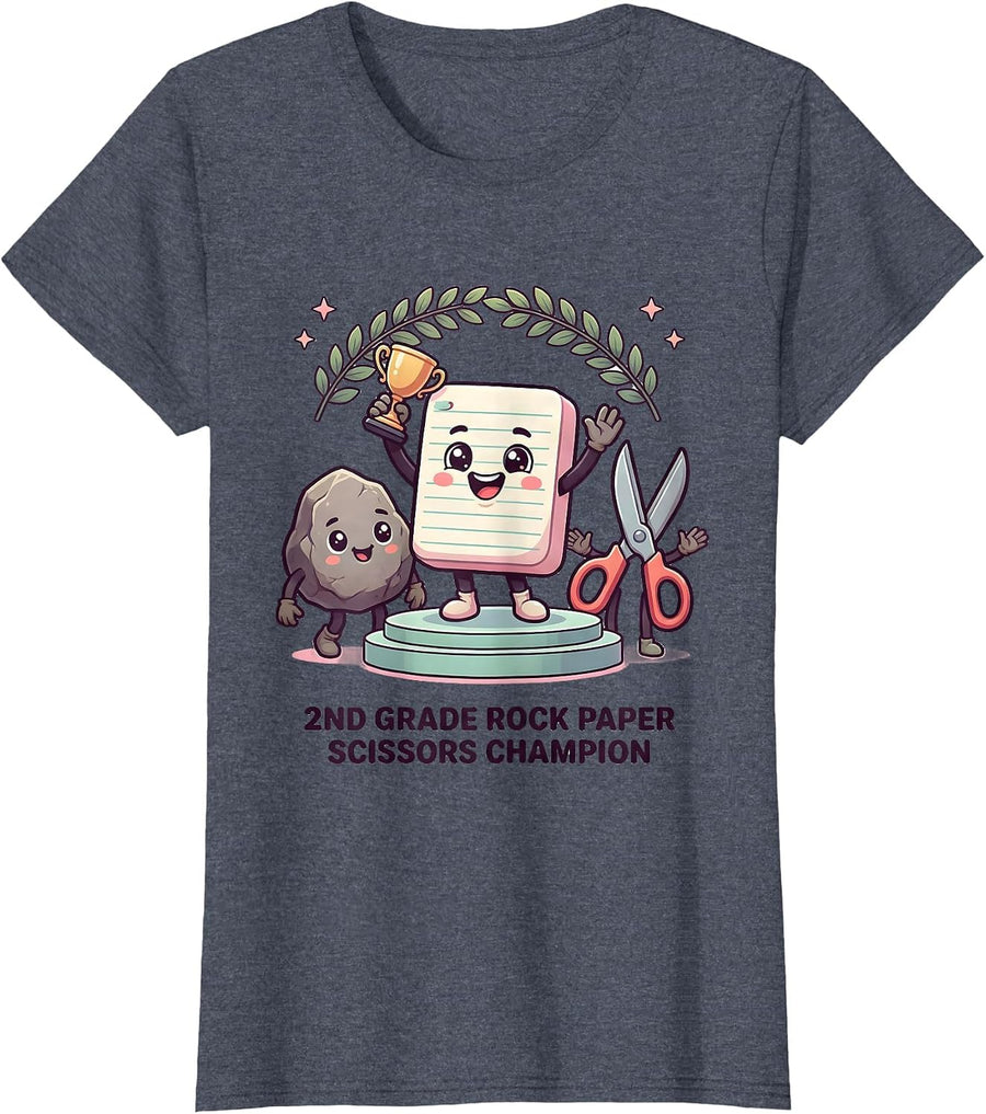 2nd Grade Rock Paper Scissors Champion Cute Kawaii Back T-Shirt, Women, Heather Blue, Small - As Pictured