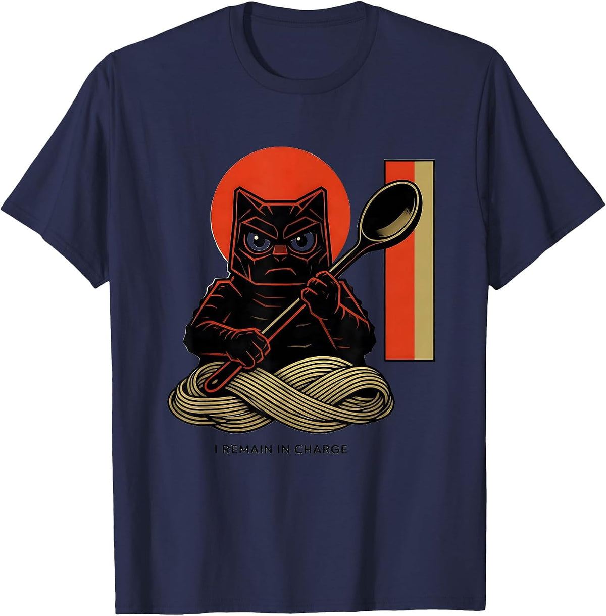 I Remain In Charge Geometric Kaiju Cat Ramen Samurai Humor T-Shirt - Navy Blue