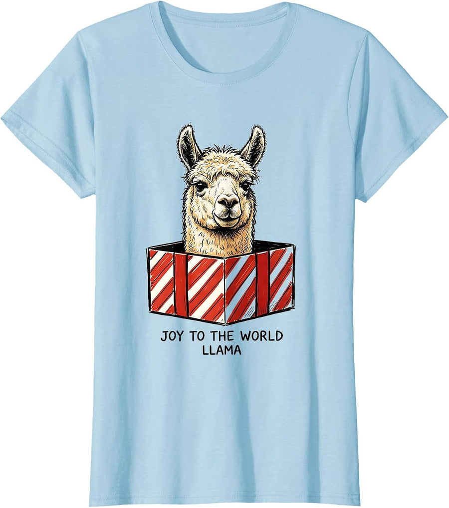 Women's Joy to the World, Llama Funny Christmas Llama Lover Gift T-Shirt - Baby Blue