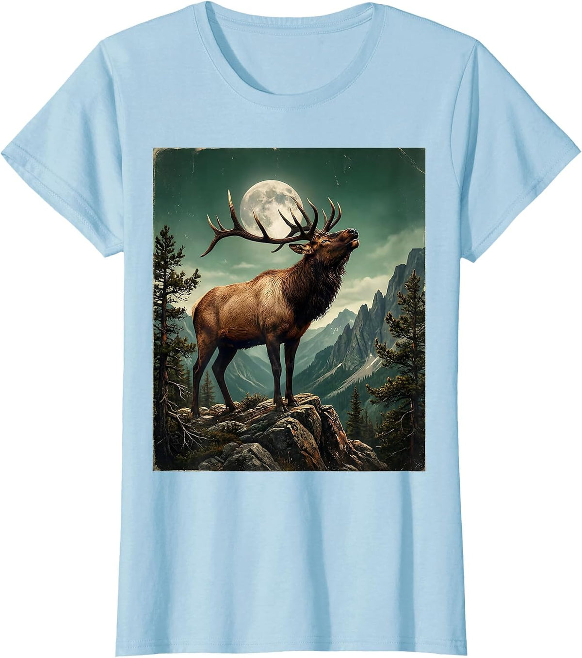 Women's Elk Bugling on Mountain Ridge Wildlife Design T-Shirt - Baby Blue