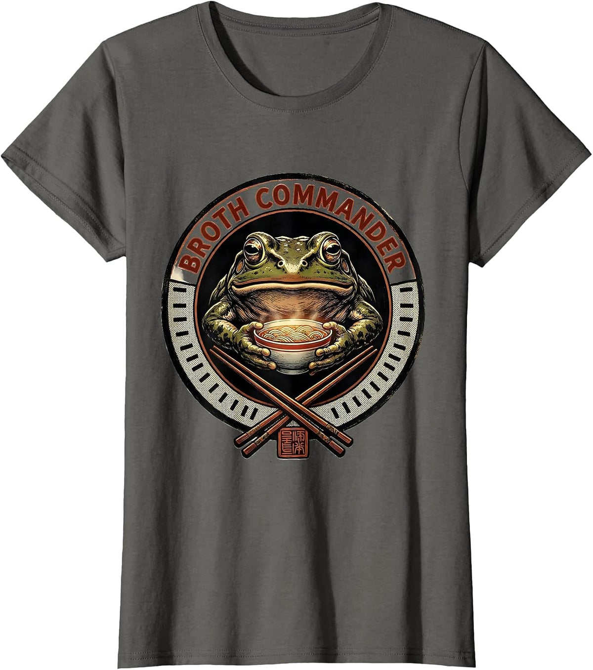 Women's Broth Commander Grumpy Frog Ukiyo-e Ramen Humor Anime Art T-Shirt - Asphalt Grey