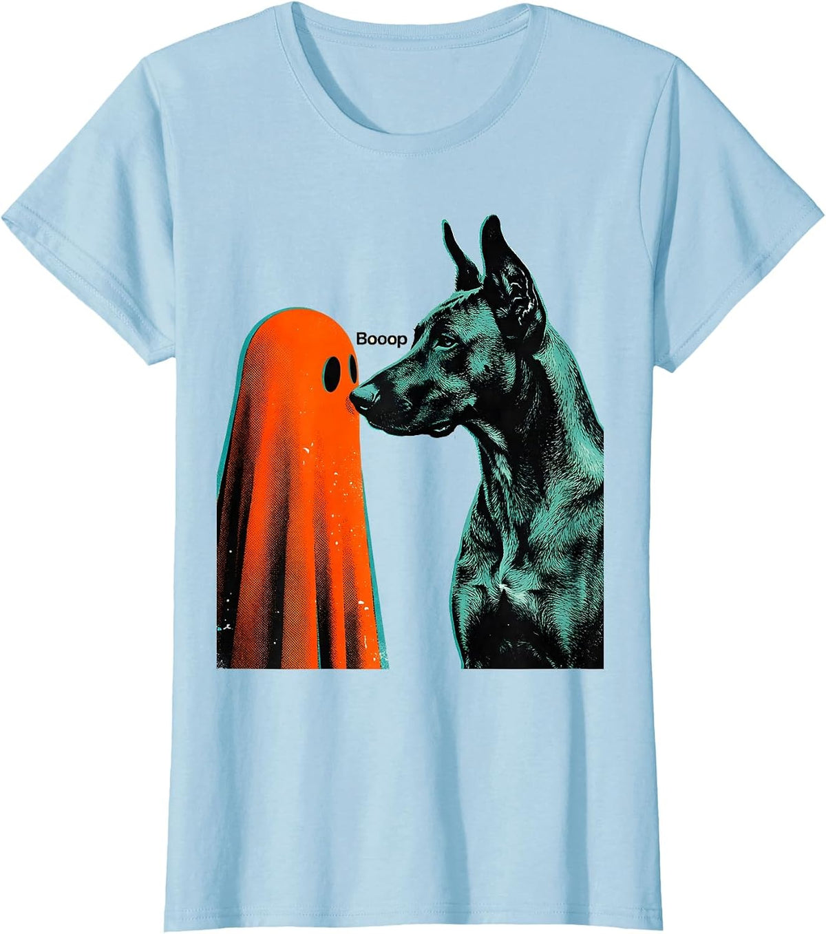 Women's Booop Risograph Funny Dog Ghost Halloween Dog Mom T-Shirt - Baby Blue