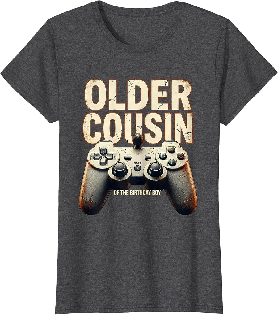 Women's Older Cousin Of The Birthday Boy Distressed Video Game T-Shirt - Dark Heather Grey