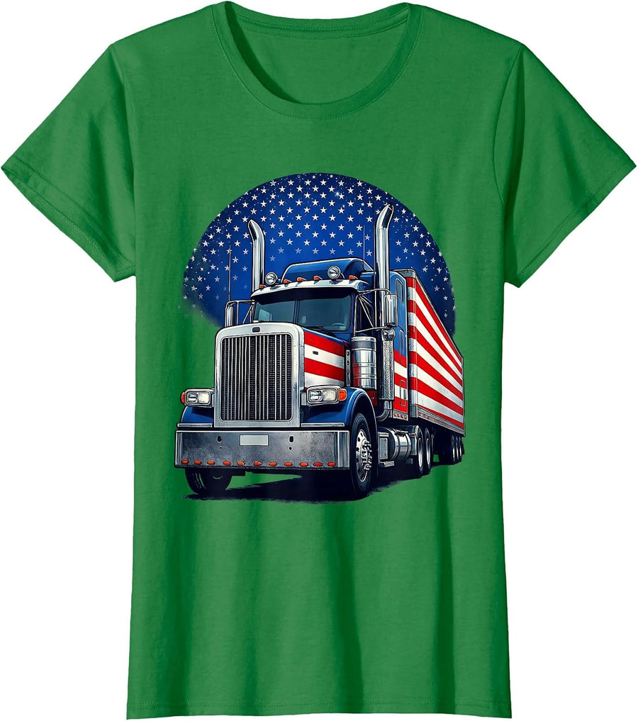 Women's American Flag Semi Truck Driver Patriotic Big Rig Driver T-Shirt - Kelly Green