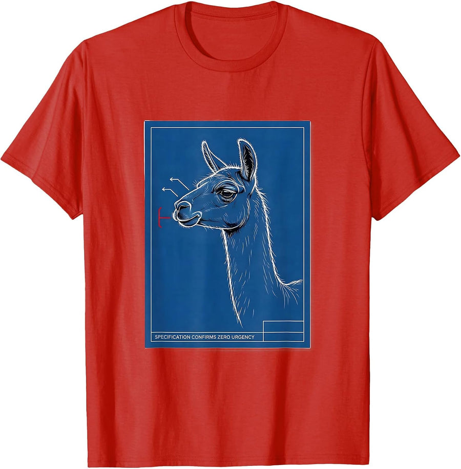 Men's Specification Confirms Zero Urgency Funny Llama Alpaca Humor T-Shirt - Red