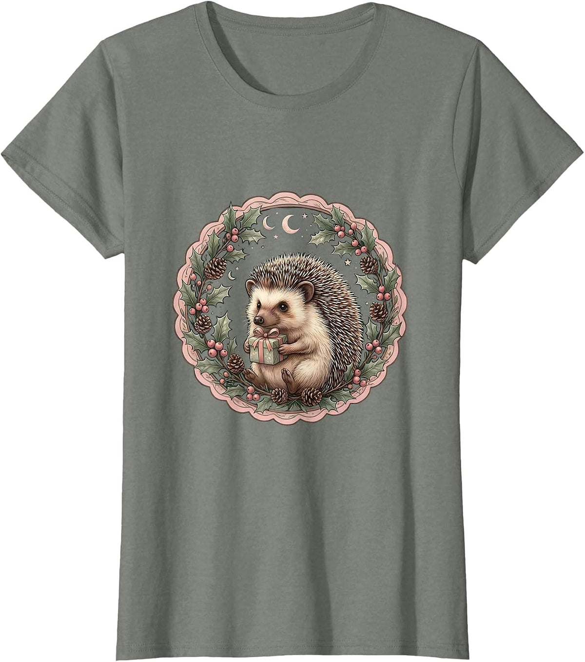 Christmas Hedgehog Carrying a Tiny Wrapped Gift T-Shirt - Olive Heather