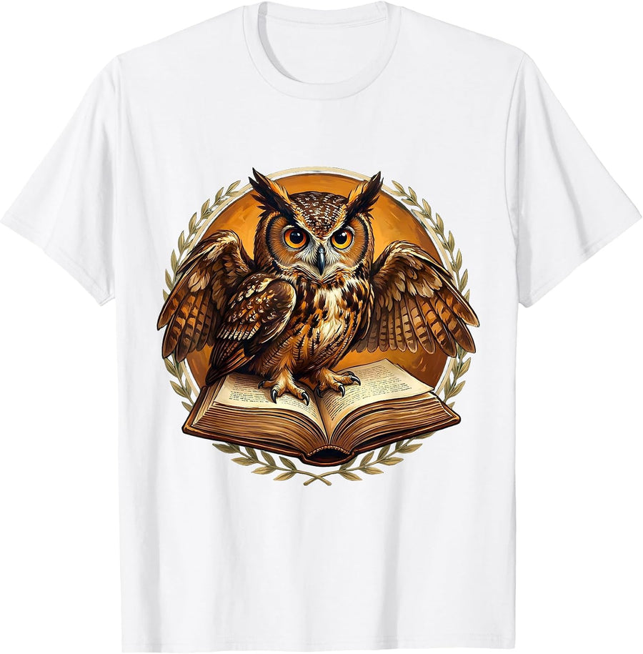Owl on Textbook Teacher Life Graphic Design T-Shirt - White