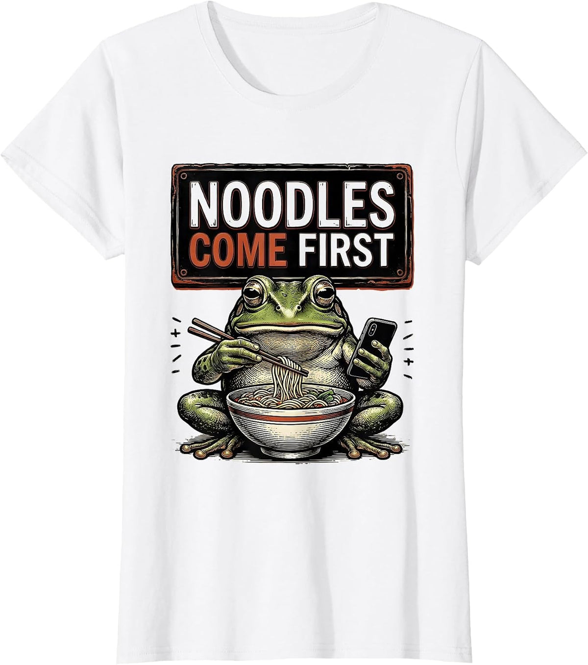 Noodles Come First Funny Grumpy Frog Japanese Art Ramen T-Shirt - White