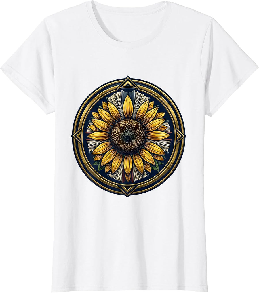 Women's Sunflower Book Pages Reading Lover Floral Art T-Shirt - White