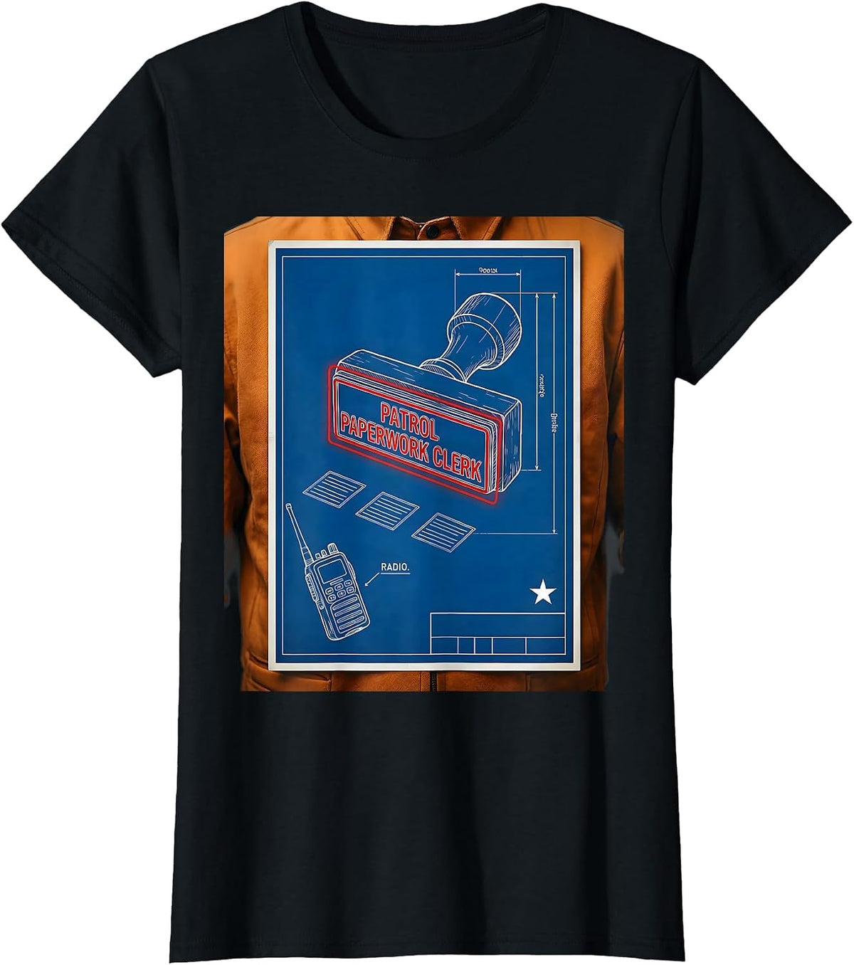 Patrol Paperwork Clerk Technical Blueprint Funny Police T-Shirt - Black
