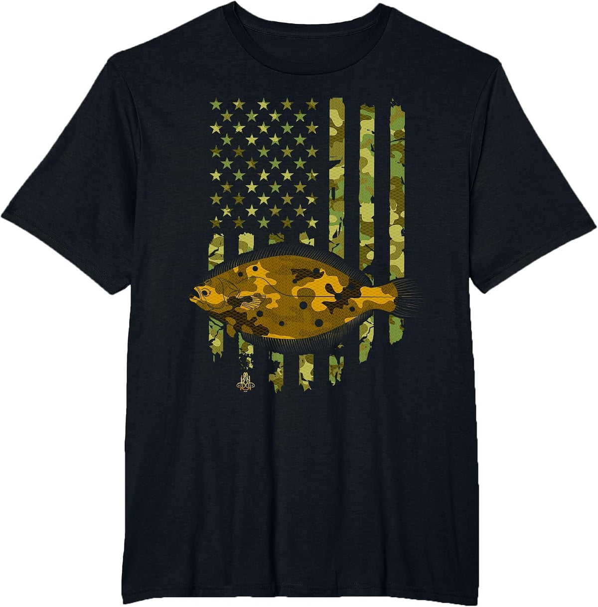 Flatfish Fishing Plaice Halibut American Flag Camouflage T-Shirt - Black