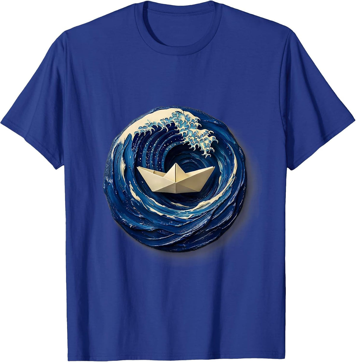 Men's Small Boat vs Massive Waves Nautical Art T-Shirt - Royal Blue