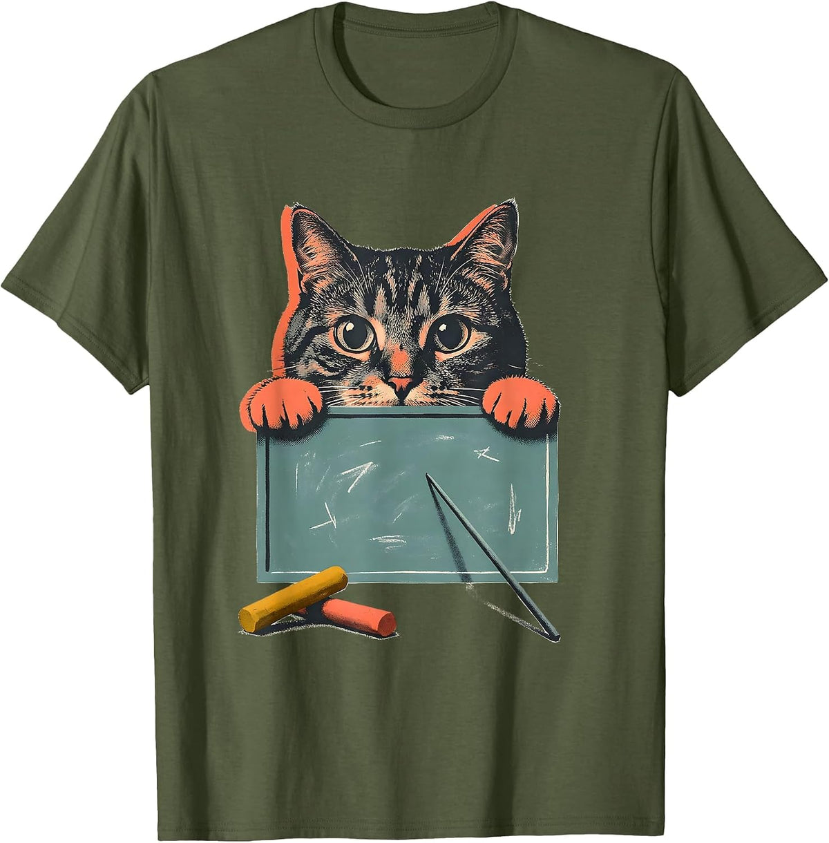 Cute Kawaii Cat Peeking Chalkboard Cat Lover Gift T-Shirt - Olive Green