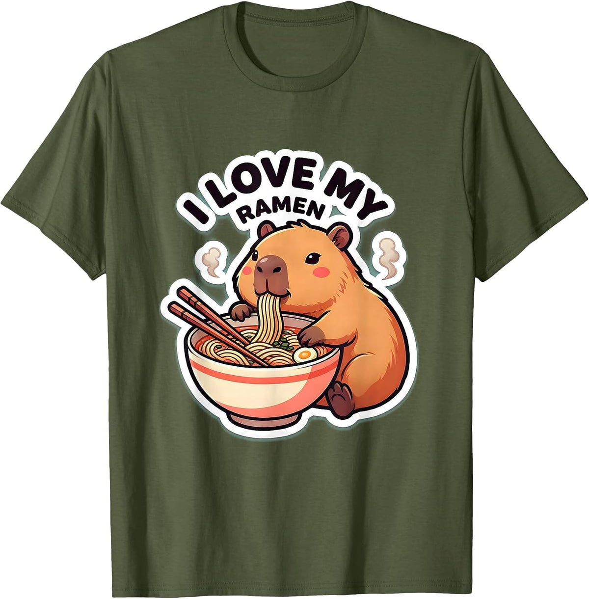 I Love My Ramen Cute Capybara Kawaii Anime Animal Ramen Boba T-Shirt - Olive Green