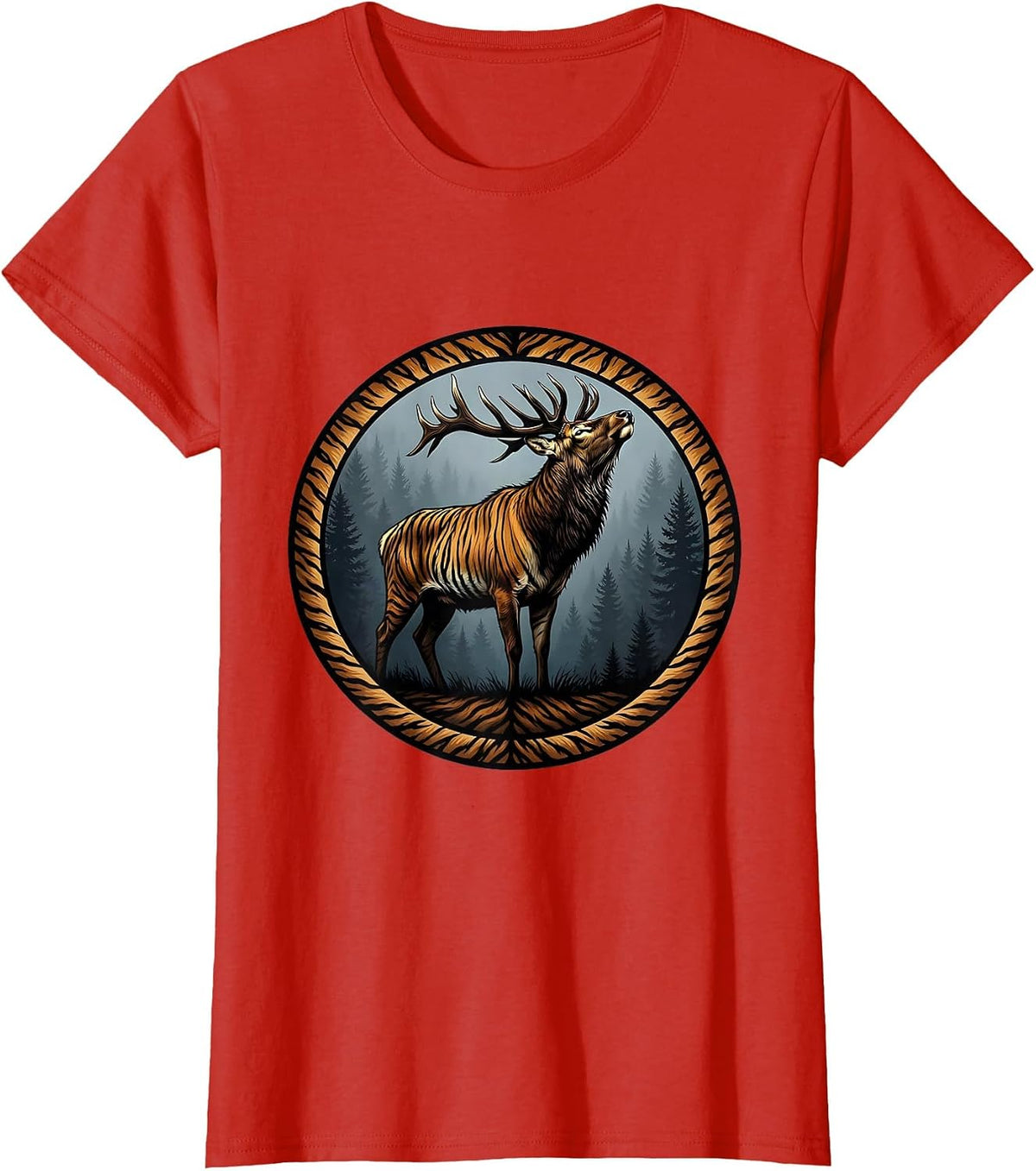 Elk Bugling at Dawn Camo Woodland Illustration T-Shirt - Red