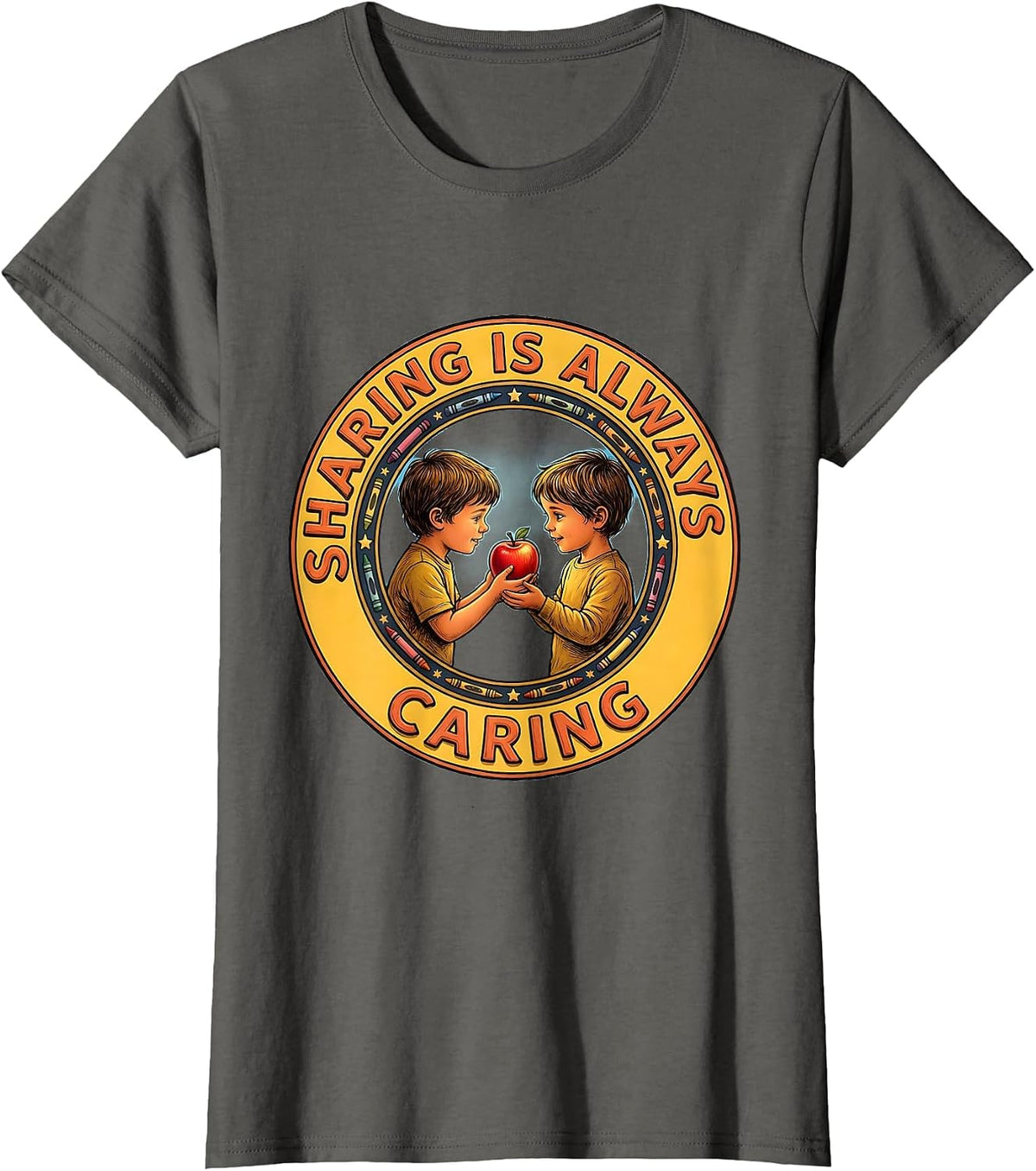 Women's Sharing Is Always Caring Preschool Teacher Design T-Shirt - Asphalt Grey
