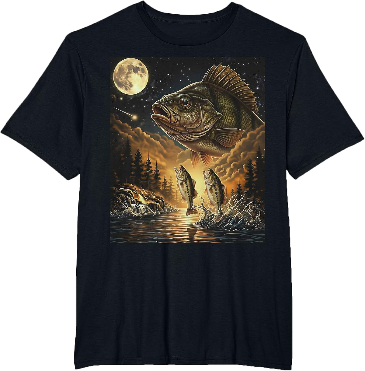 Fish Howling at the Moon Shirt Bass Fishing Art T-Shirt - Black