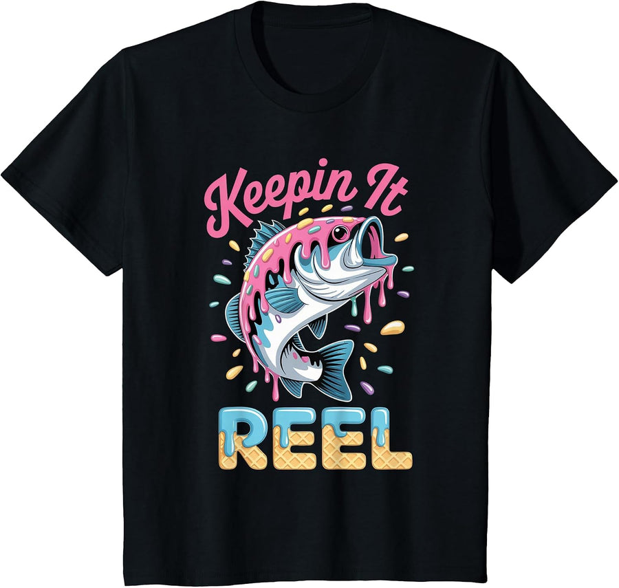 Youth Fishing Shirts for Boys Keepin It Reel Bass Fish Kids T-Shirt - Black