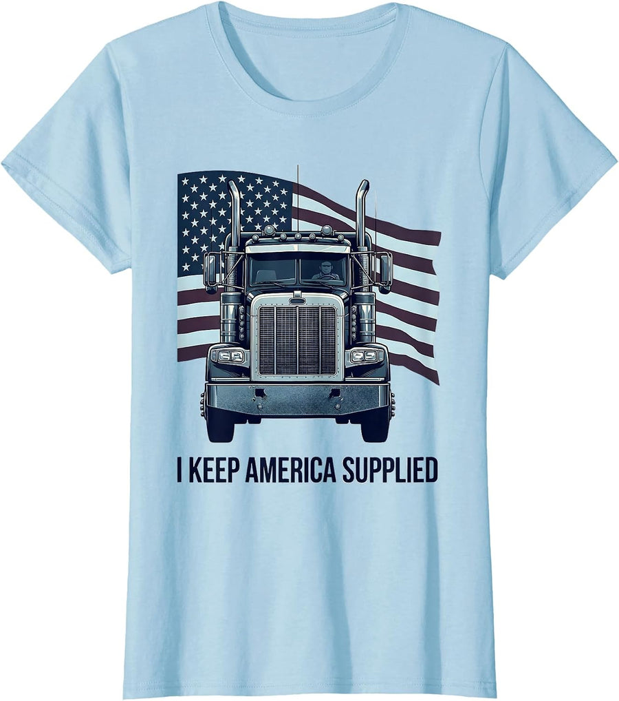 Women's I Keep America Supplied Patriotic Semi Truck Driver Trucker T-Shirt - Baby Blue