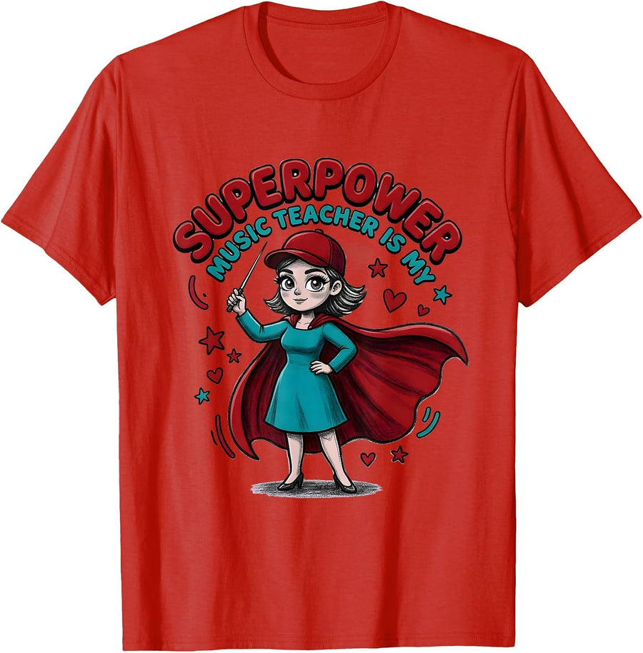 Men's MUSIC TEACHER IS MY SUPERPOWER Cartoon Music Teacher Gift T-Shirt - Red