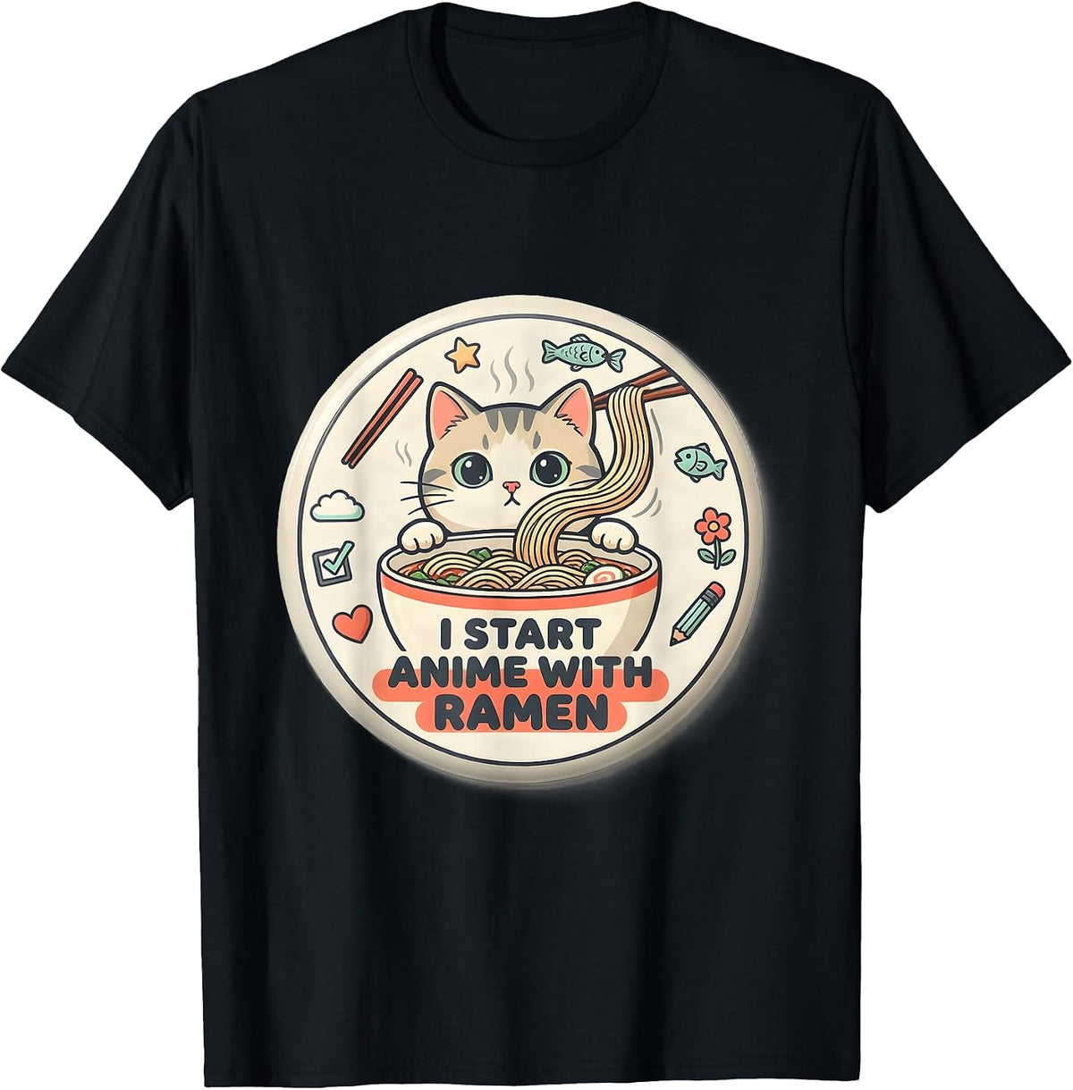 Men's I Start Anime With Ramen Kawaii Cat Ramen Anime Gift T-Shirt - Black