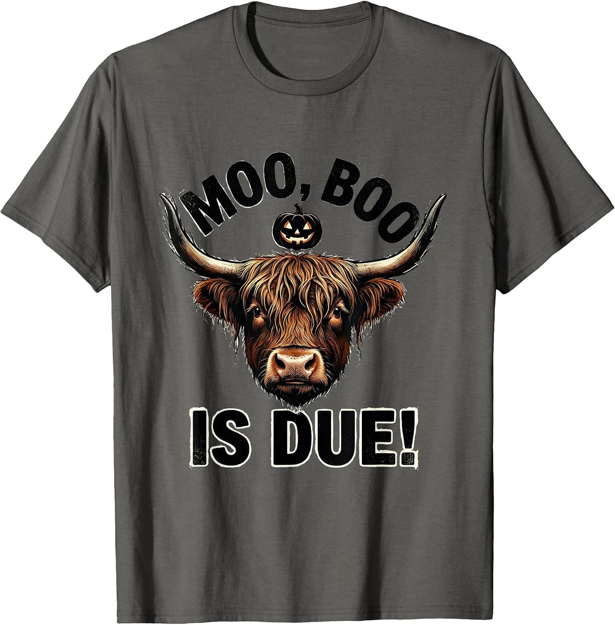 Moo, Boo Is Due! Whimsical Highland Cow Halloween Fall Humor T-Shirt - Asphalt Grey