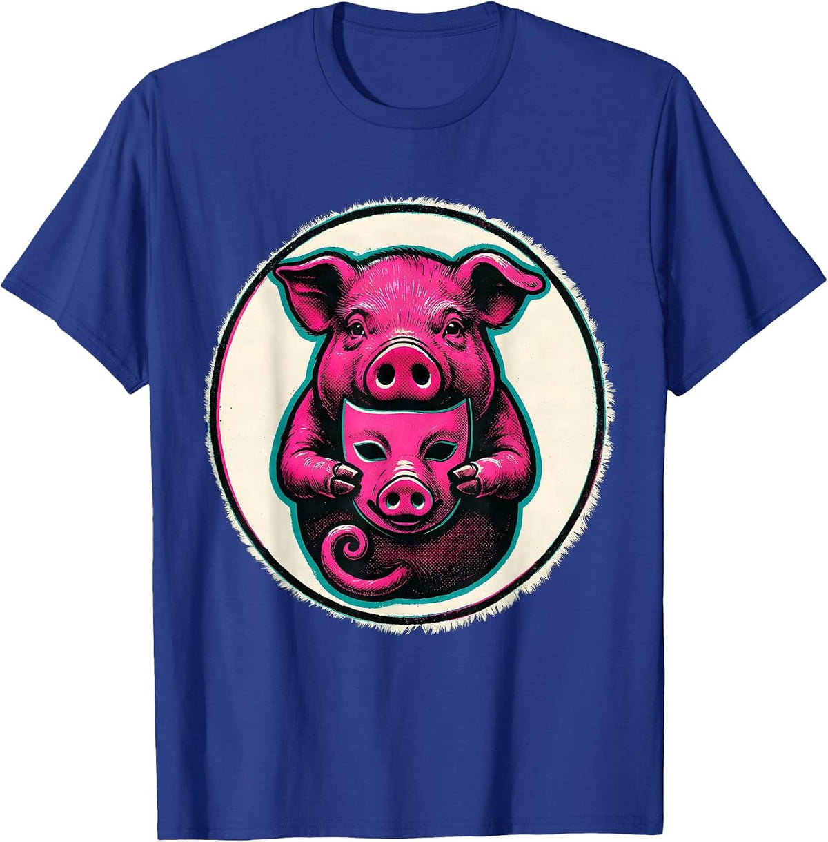Piglet Mask Badge Risograph Pig Lover Halloween Costume T-Shirt - Royal Blue