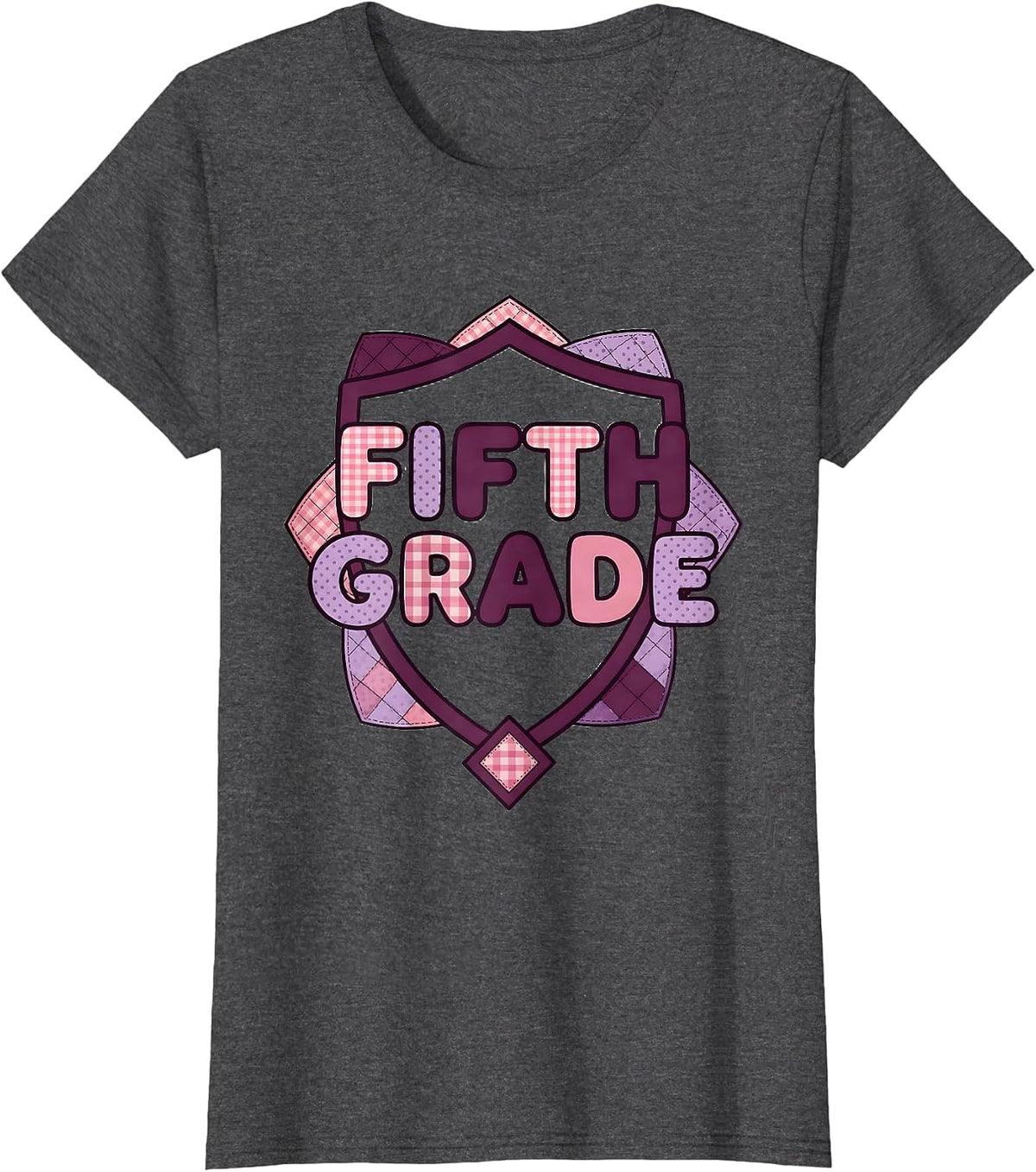 Women's Fifth Grade Blue Patchwork Back To School Girls Teachers T-Shirt - Dark Heather Grey