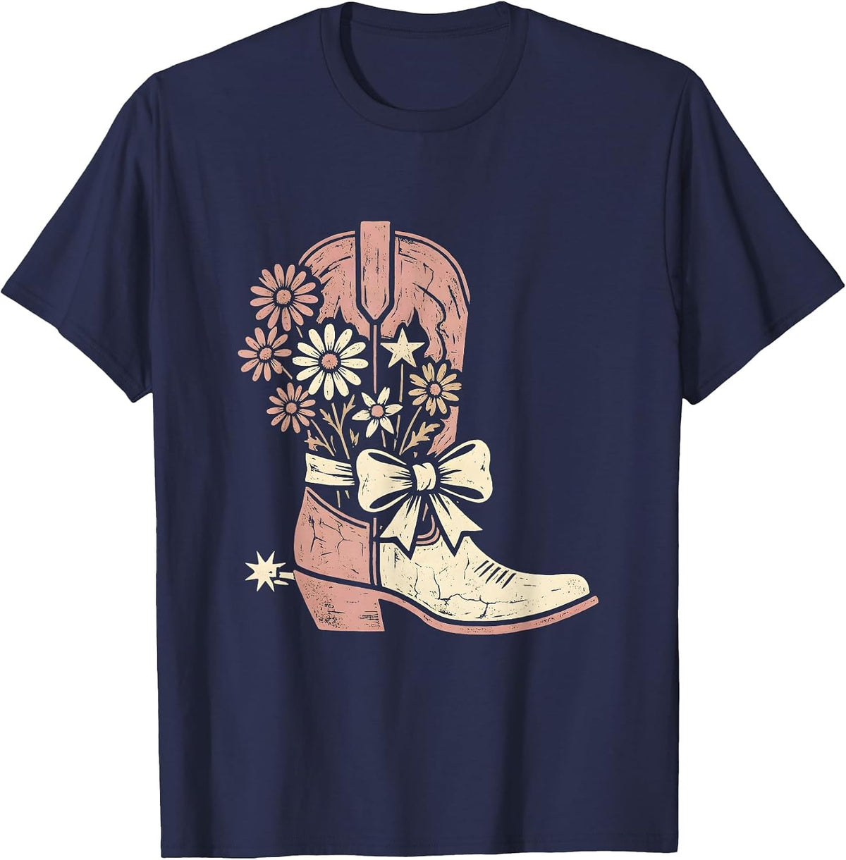 Cowgirl Boots Spurs and Wildflowers Rodeo Design T-Shirt - Navy Blue
