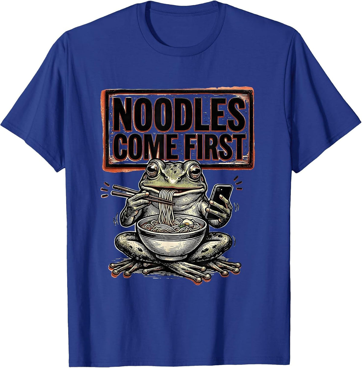 Men's Noodles Come First Funny Grumpy Frog Japanese Art Ramen T-Shirt - Royal Blue