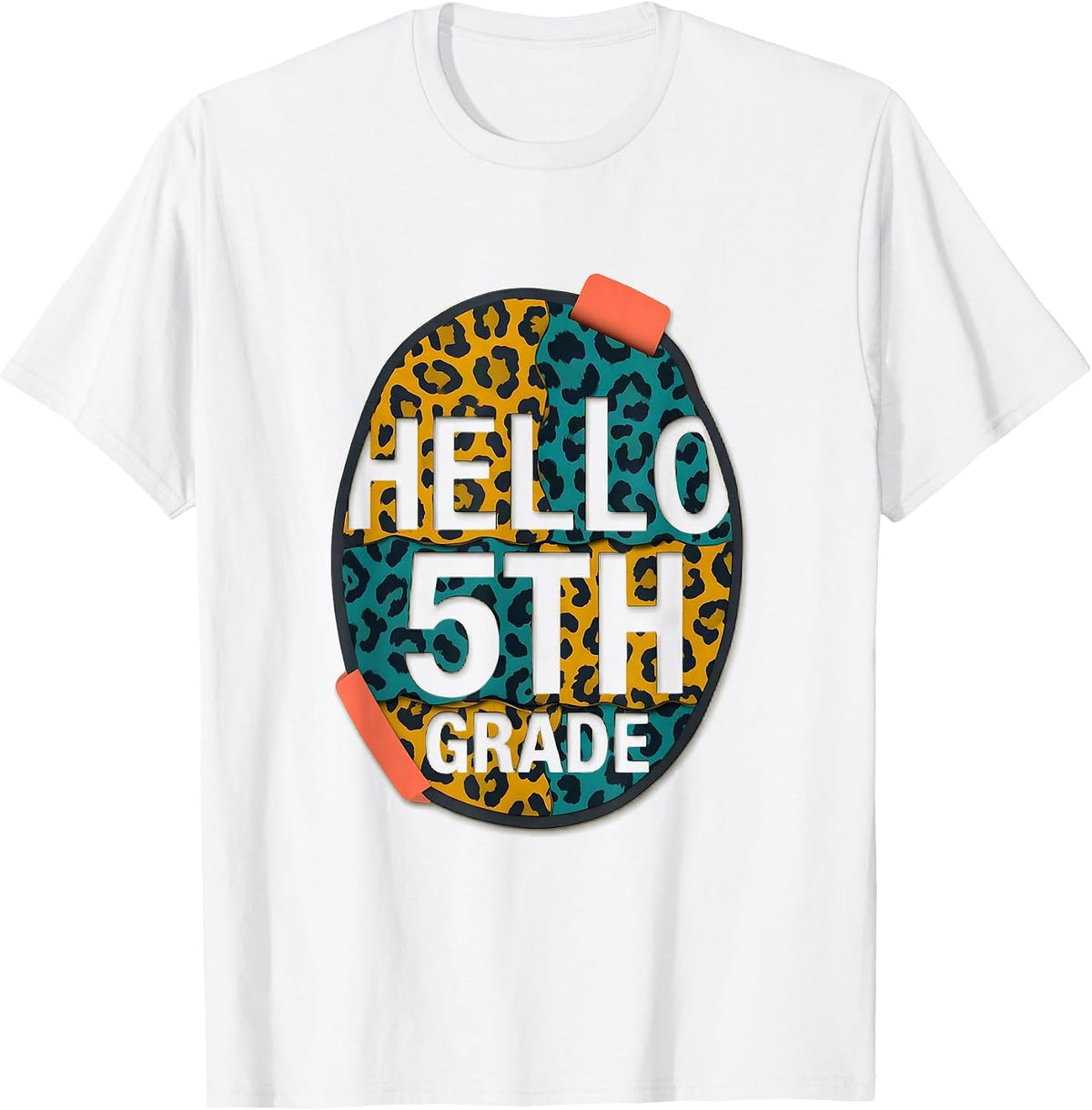 Men's Hello Fifth Grade Midcentury Modern Leopard Teacher Back T-Shirt - White