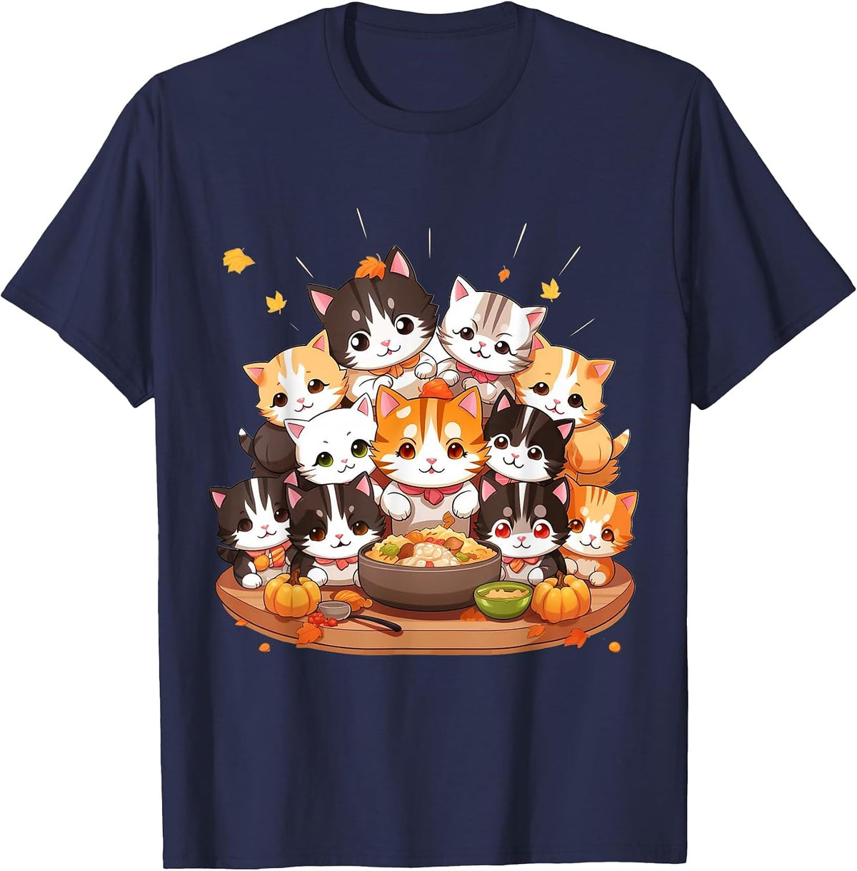 Cute Funny Cats Celebrating Thanksgiving Autumn Dinner T-Shirt - Navy Blue