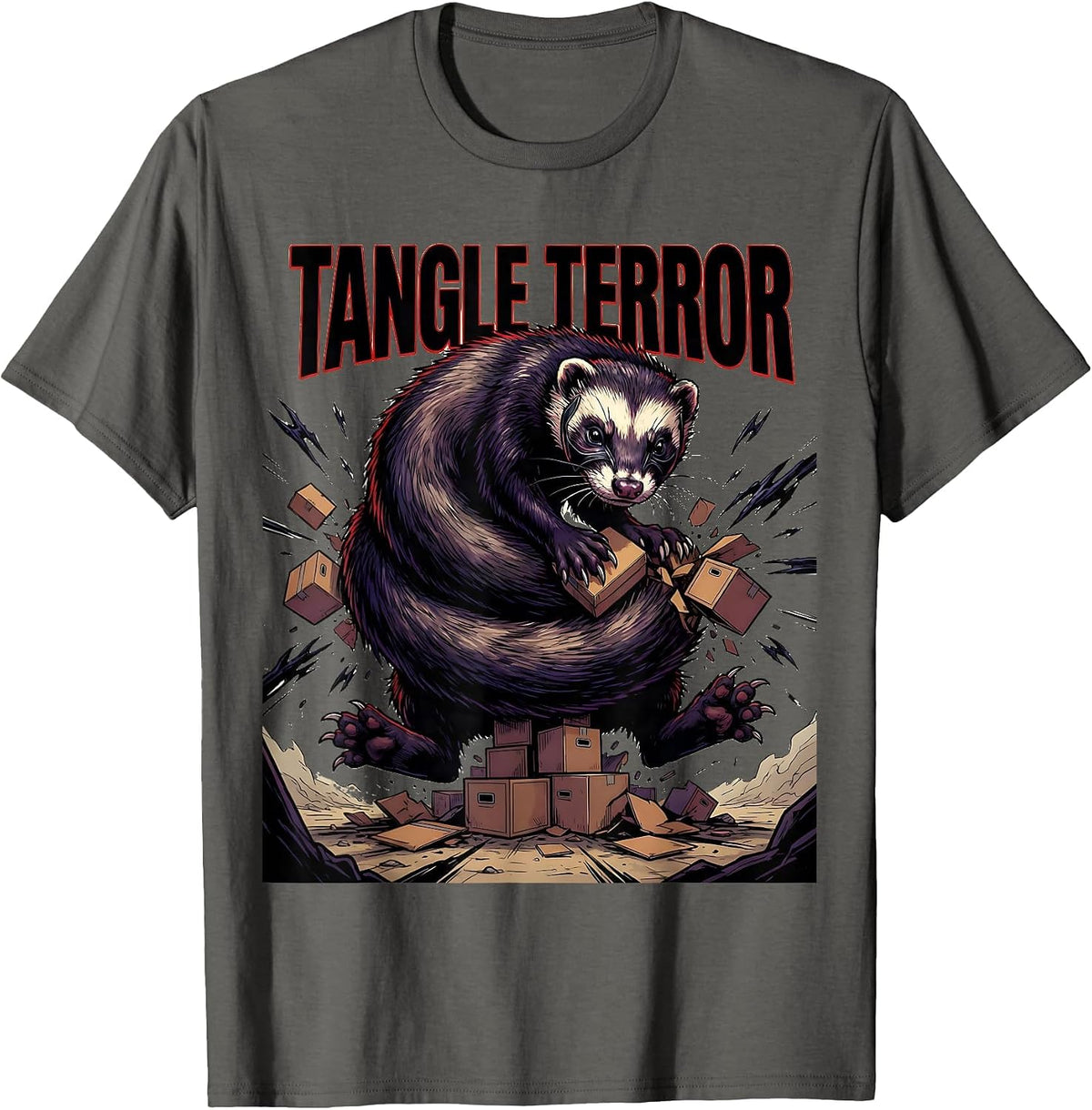 Tangle Terror Cartoon Ferret Lover Gift Ferret Owner Humor T-Shirt - Asphalt Grey