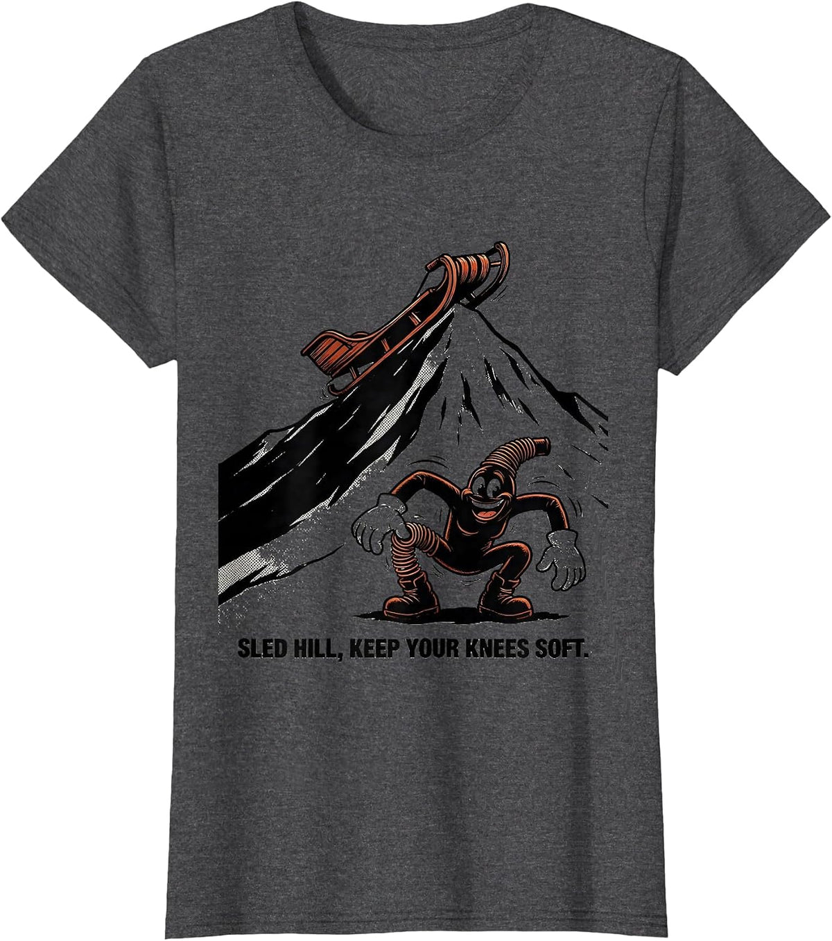 Women's Sled Hill Keep Your Knees Soft Retro Cartoon Physical T-Shirt - Dark Heather Grey