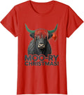 Women's Moo-ry Christmas! Paper Cutout Highland Cow Seasonal Holiday T-Shirt - Red