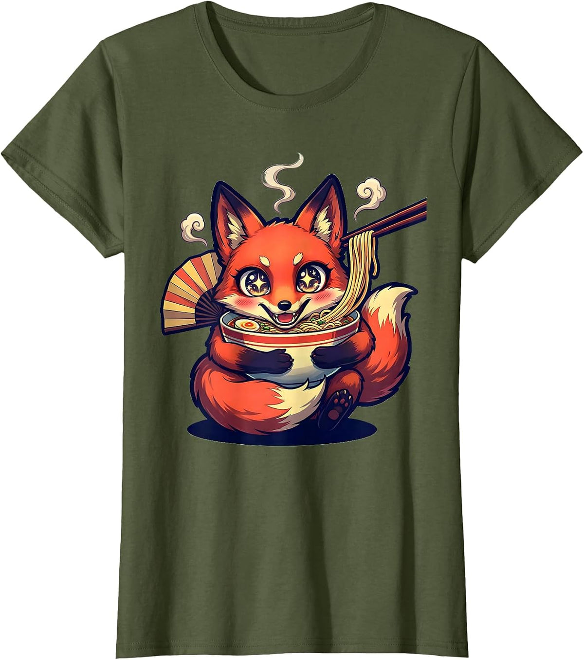 Women's Chibi Kitsune Ramen Anime Cute Animal Humor T-Shirt - Olive Green