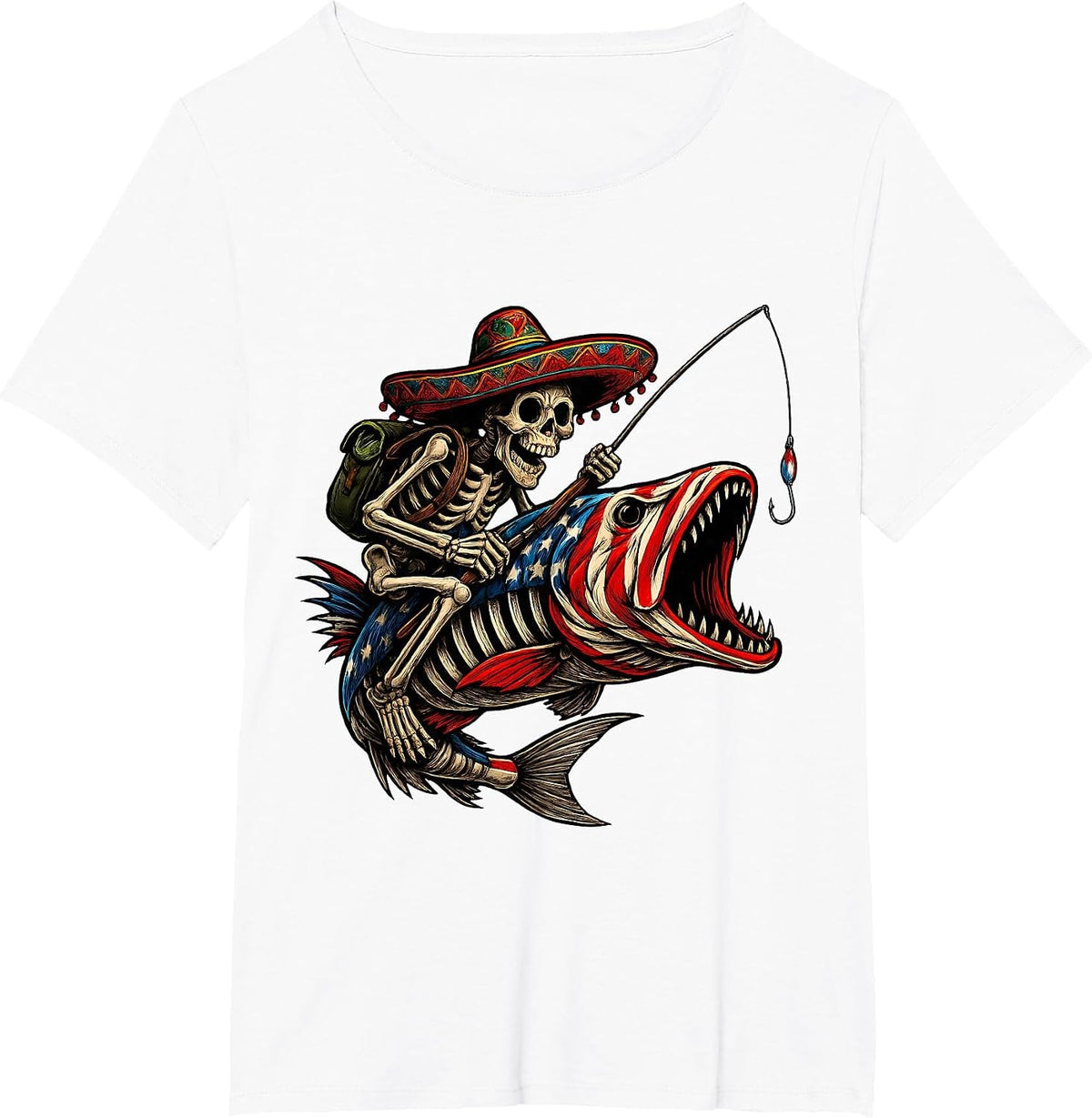 Fishing Mexican Sombrero Bass Fish Skull Skeleton Fisherman T-Shirt - White