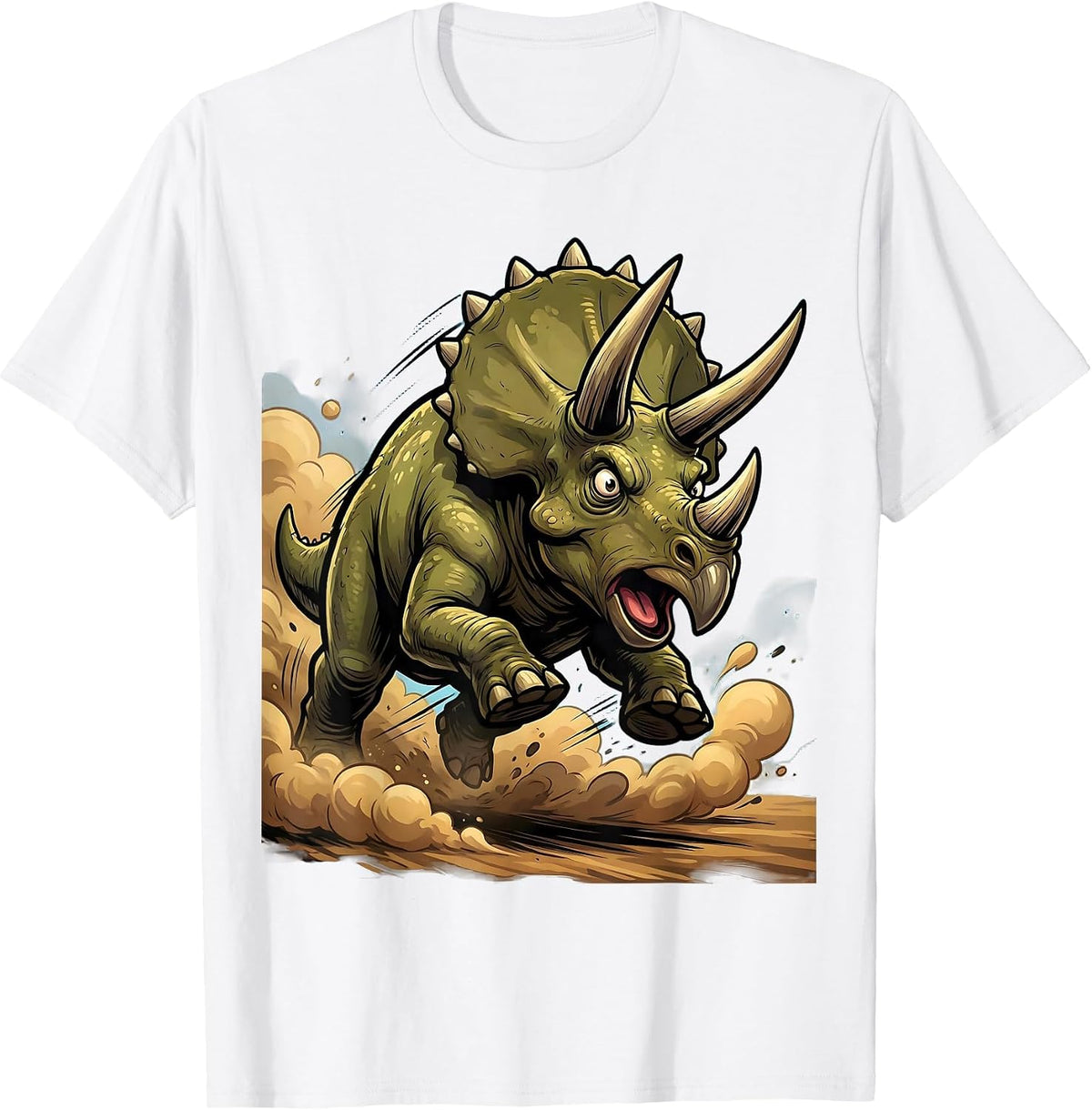 Triceratops Charging Dinosaur Dust Cloud Graphic T-Shirt - White