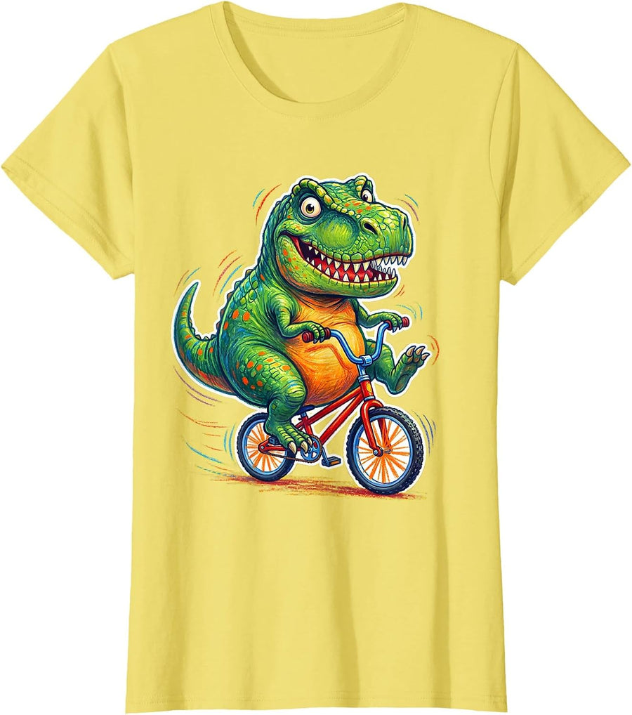 Funny Dinosaur Riding Tiny Bicycle Humor Gift T-Shirt - Lemon Yellow