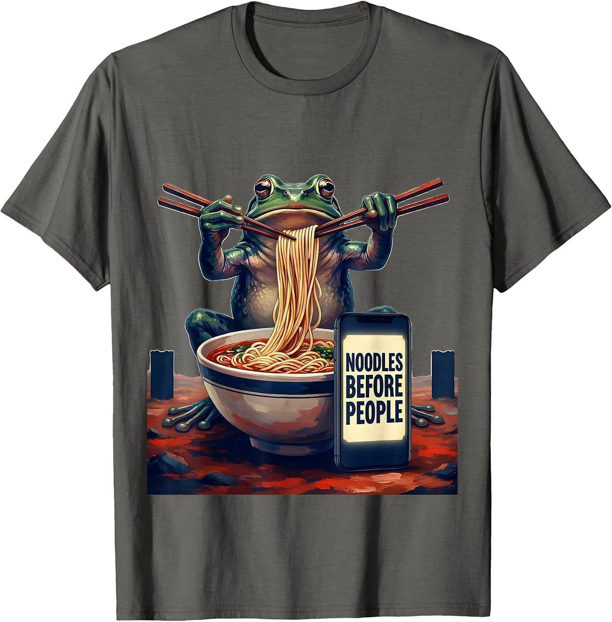 Men's Noodles Before People Funny Grumpy Frog Japanese Art Ramen T-Shirt - Asphalt Grey