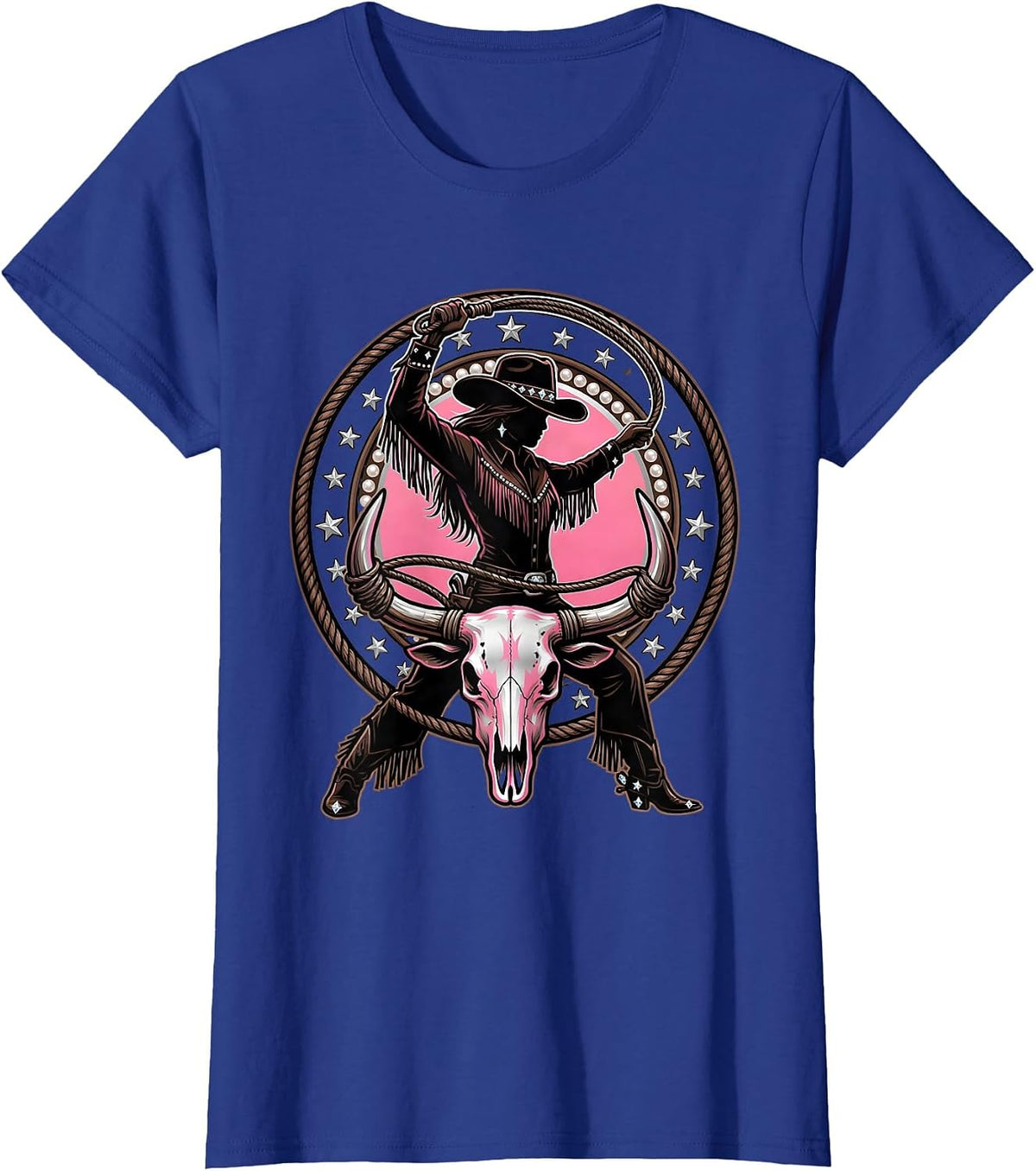Women's Cowgirl Roping Steer Horns Western Rodeo Graphic T-Shirt - Royal Blue