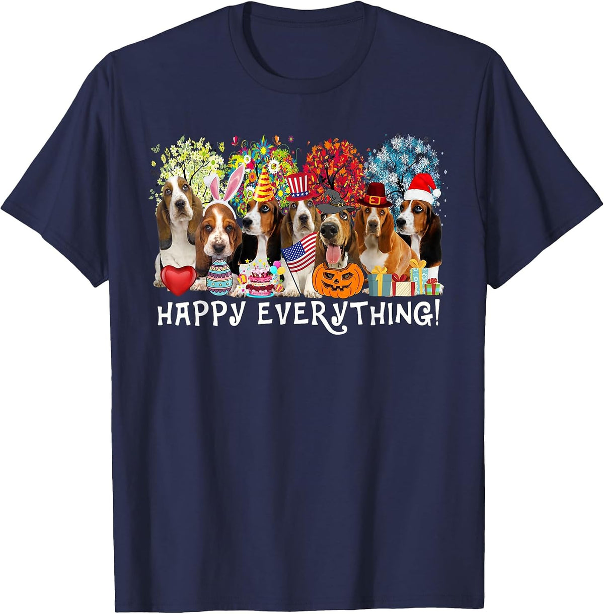 Happy Everything Bassett Hound Dog Seasons All Year Tree Lov T-Shirt - Navy Blue