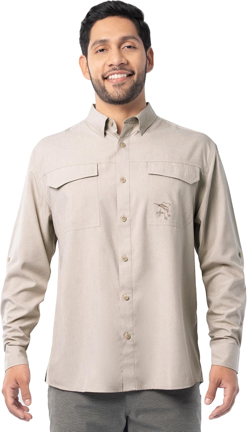 Guy Harvey Men's Long Sleeve Harbor Heather Performance Fishing Shirt - Dove
