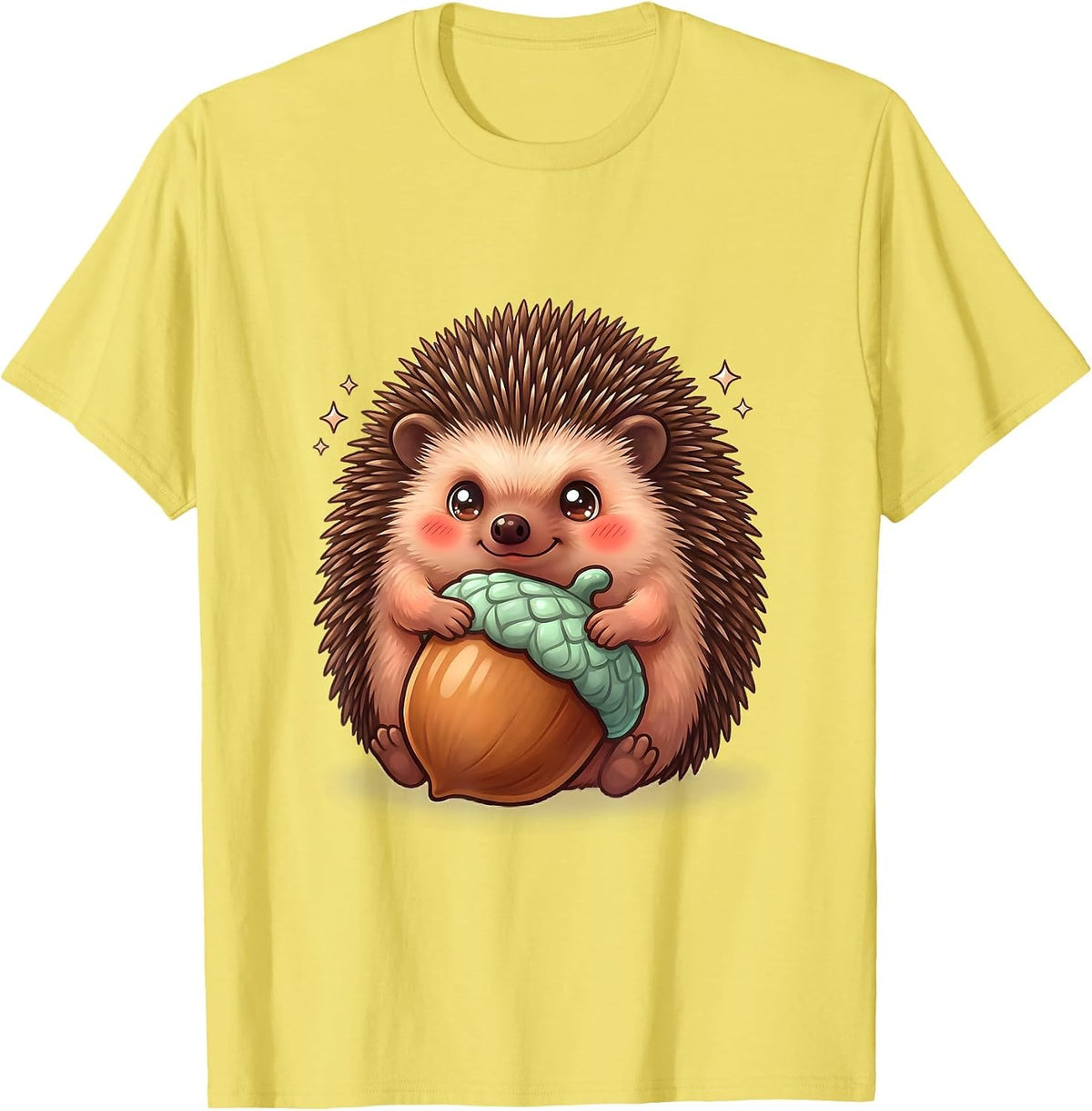 Men's Round Hedgehog Hugging Acorn Cute Kawaii Animal Lover Gift T-Shirt - Lemon Yellow