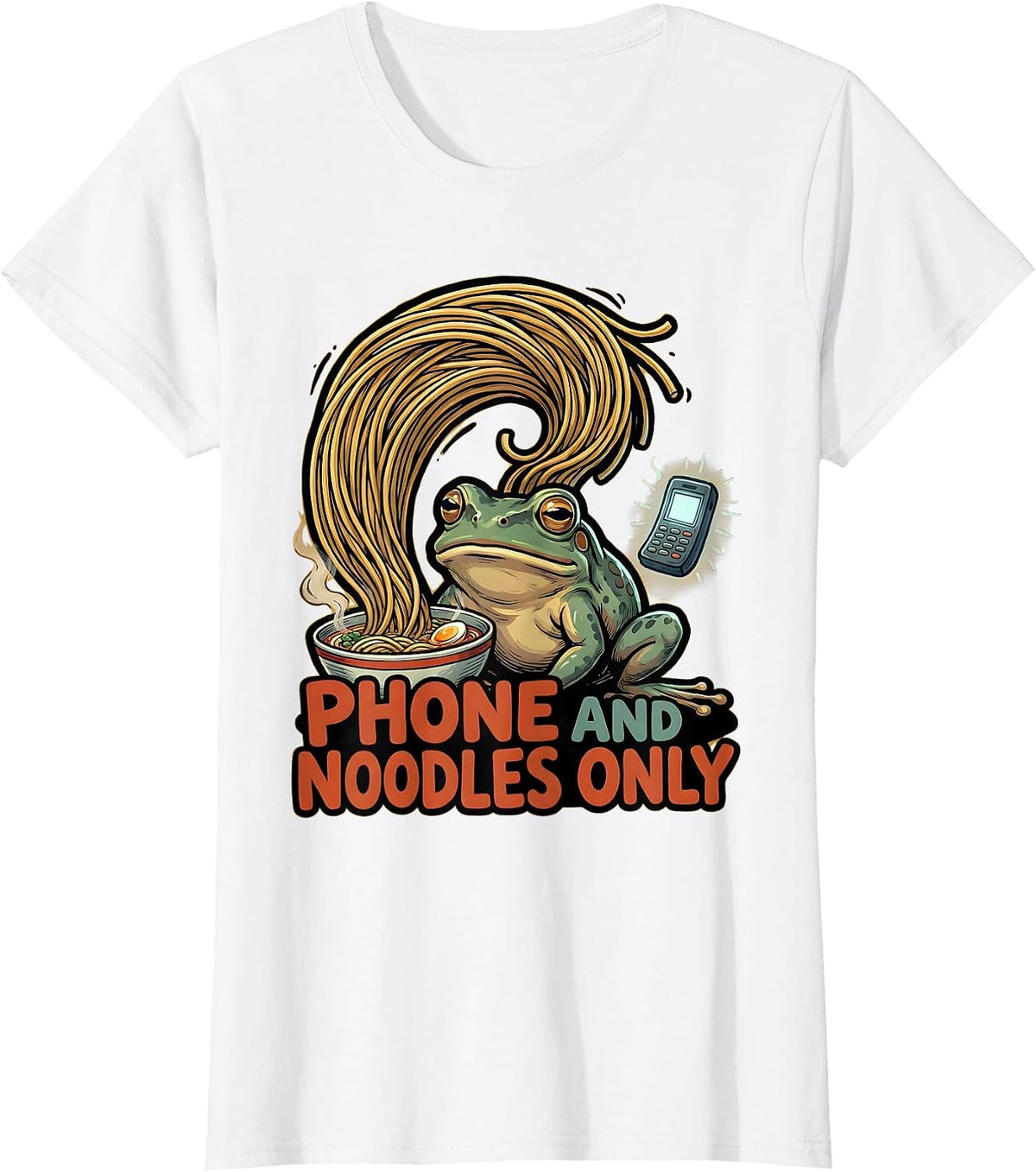 Phone And Noodles Only Funny Grumpy Frog Japanese Art Ramen T-Shirt - White