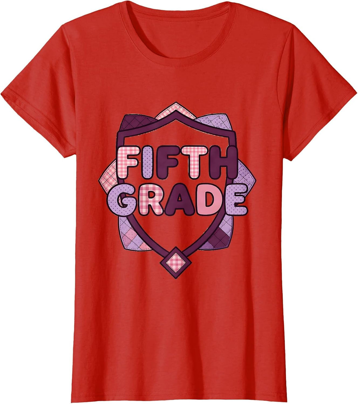 Women's Fifth Grade Blue Patchwork Back To School Girls Teachers T-Shirt - Red