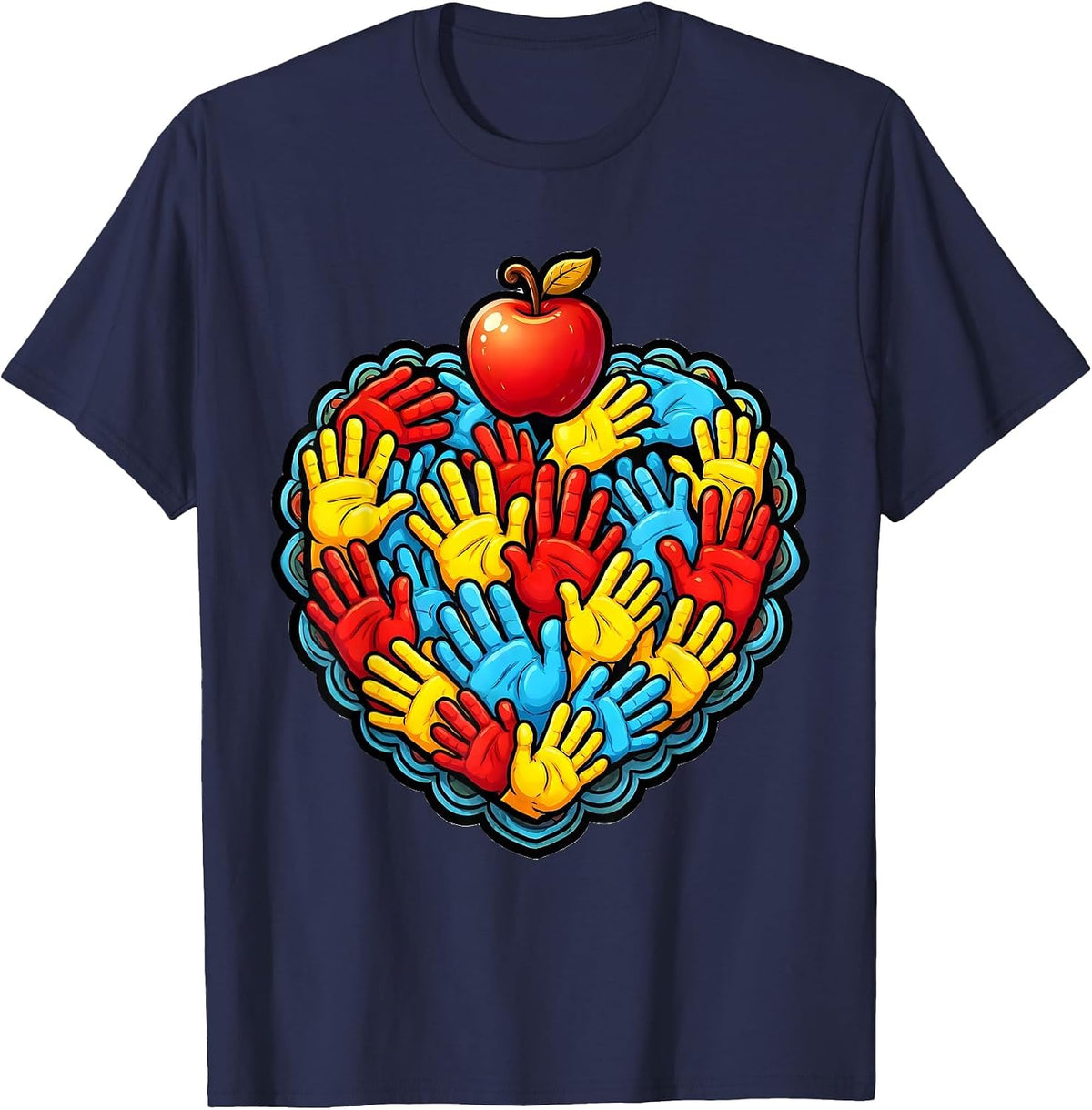Kindergarten Teacher Tiny Handprints Heart Design T-Shirt - Navy Blue